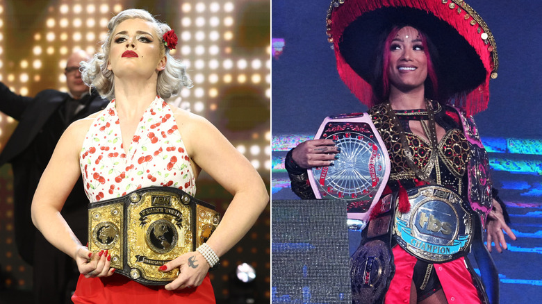 Split image of Toni Storm making her way to the ring wearing AEW women's world title belt on the left with Mercedes Mone walking to the ring during Grand Slam Mexico with multiple championship belts