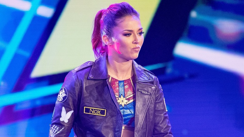 Tegan Nox wearing a leather jacket