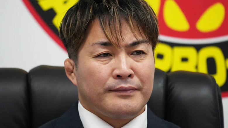Hiroshi Tanahashi looks on during the New Japan Pro-Wrestling Press Conferenc