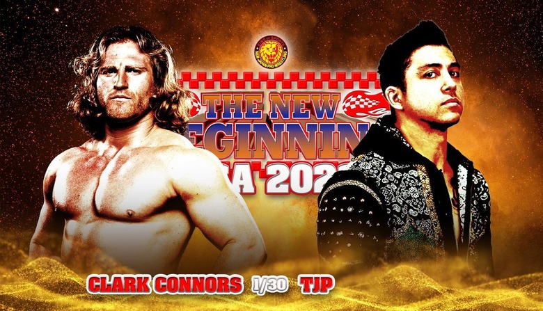 Yellow NJPW background with TJP Vs. Clark Connors