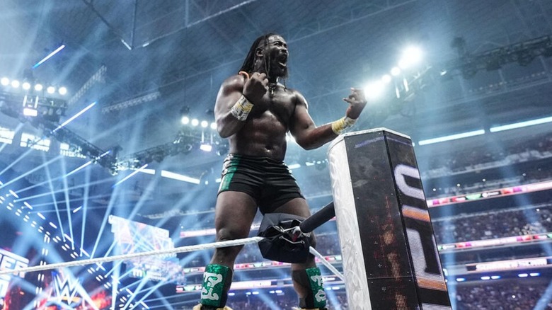 Oba Femi strikes a triumphant pose on the ropes after defeating Brock Lesnar in a Hell in a Cell match at WWE SummerSlam 2026.
