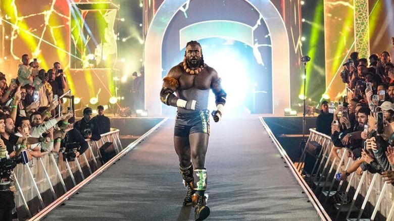 Oba Femi jaunts his way down the ramp to the ring at the 2026 Royal Rumble, where he entered first in the match.