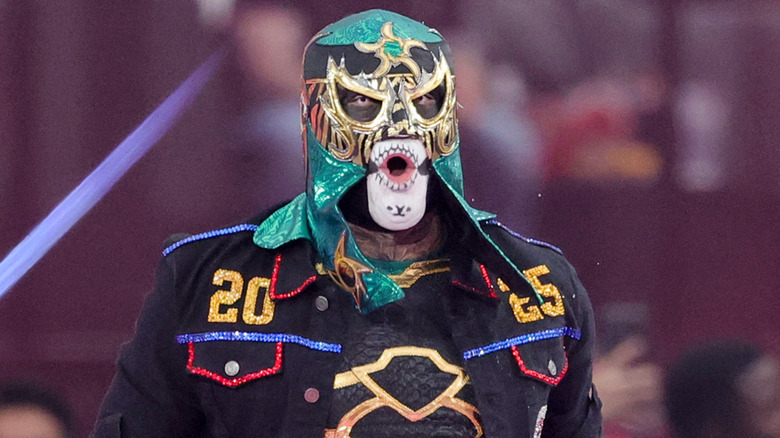 Penta walks to the ring for the WWE Intercontinental Championship match against Bron Breakker, Dominik Mysterio and Finn Balor during WrestleMania 41 at Allegiant Stadium on April 20, 2025 in Las Vegas, Nevada.