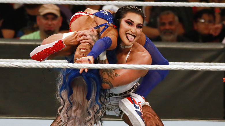 Rhea Ripley stretches Zelina Vega
