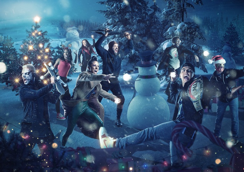 AEW Stars In Christmas Photo with trees, snowmen