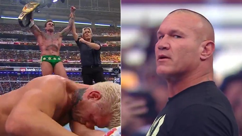 [Left] CM Punk celebrates victory over Cody Rhodes [Right] Randy Orton returns