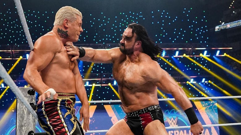 McIntyre hits Cody Rhodes with a chop across his chest during a match at Saturday Night's Main Event.