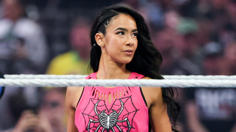 AJ Lee waits for the start of the Women's Intercontinental Championship match against Becky Lynch during WrestleMania 42
