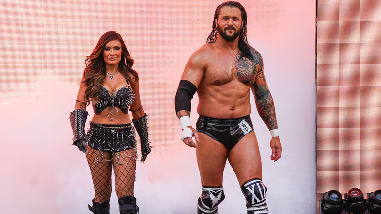 Scarlett and Karrion Kross make their entrance during SummerSlam at MetLife Stadium on August 2, 2025 in East Rutherford, New Jersey.