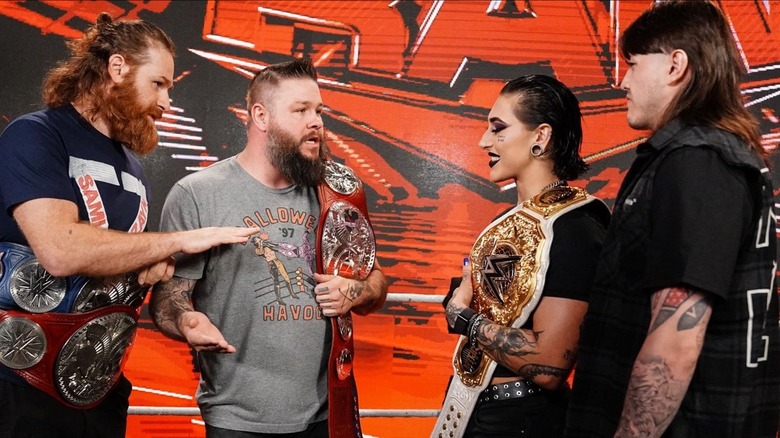 Sami Zayn, Kevin Owens, Rhea Ripley, and Dominik Mysterio talk backstage