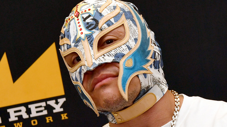 Rey Mysterio in a blue and white mask