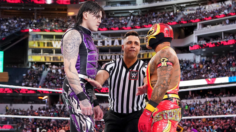 Dominik Mysterio and Rey Mysterio at WrestleMania 39