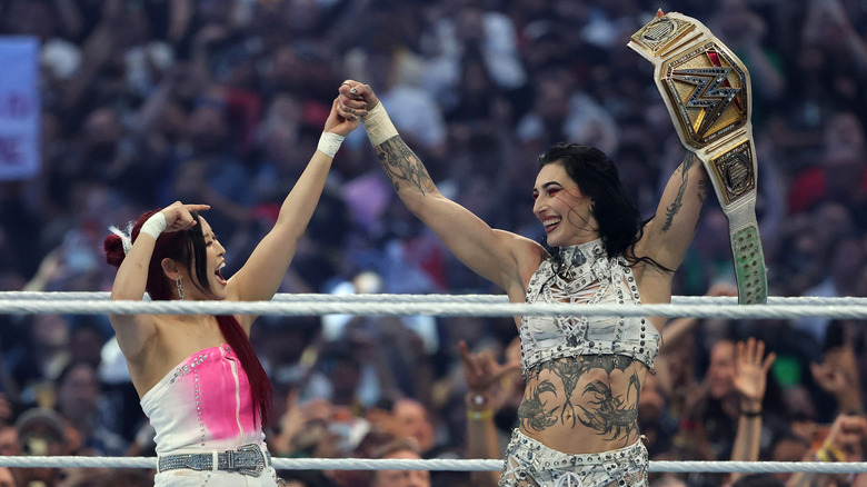 Rhea Ripley celebrates WWE Women's Championship win with Iyo Sky