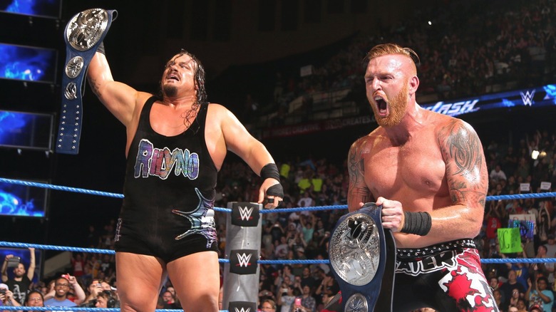 Rhyno and Heath Slater after winning the WWE SmackDown Tag Team Championships.