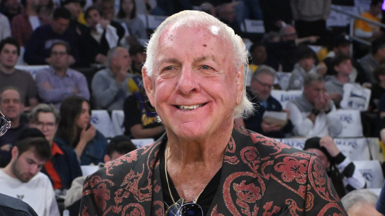 Ric Flair attends a basketball game between the Los Angeles Lakers and the Minnesota Timberwolves at Crypto.com Arena on April 22, 2025 in Los Angeles, California.