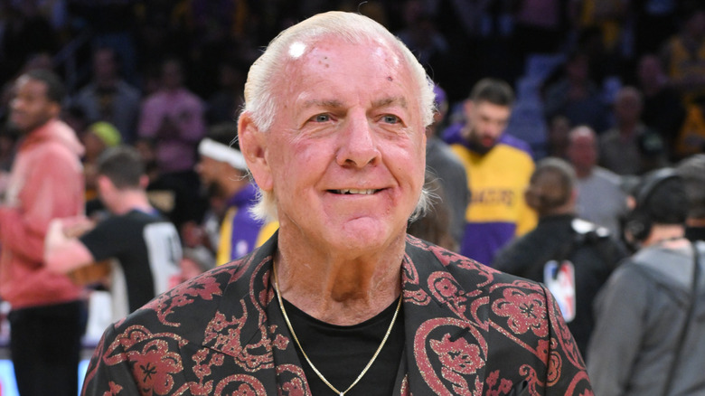 Ric Flair attending a NBA game between the Los Angeles Lakers and Minnesota Timberwolves, 2025.
