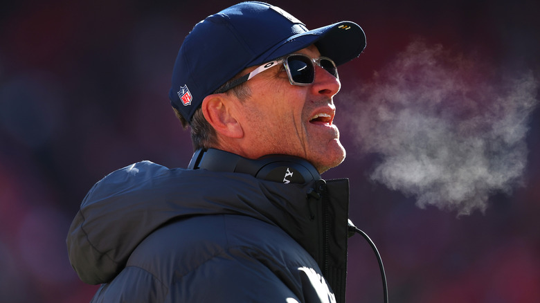Head coach Jim Harbaugh of the Los Angeles Charges looks on  during the second quarter against the Kansas City Chiefs, 2025.