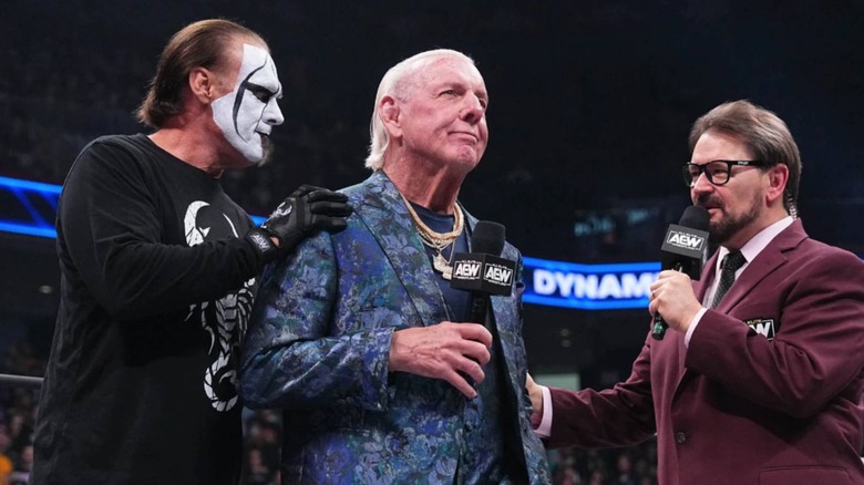 Ric Flair, Sting, and Tony Schiavone standing in the ring