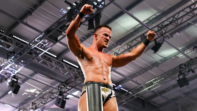 Ricky Saints stands on the ropes during NXT at the WWE Performance Center on July 8, 2025 in Orlando, Florida.