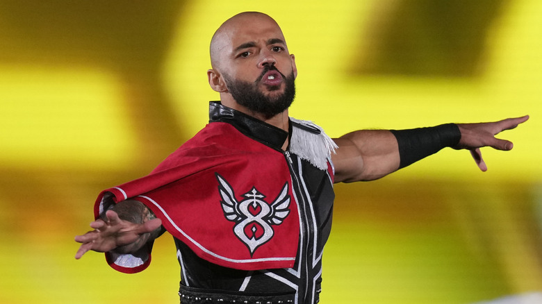 Ricochet of AEW enters the ring during the New Japan Pro-Wrestling