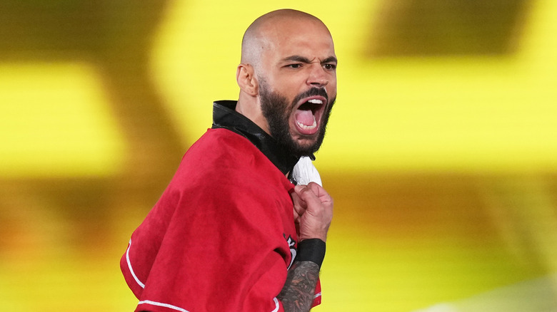 Ricochet of AEW enters the ring during the New Japan Pro-Wrestling