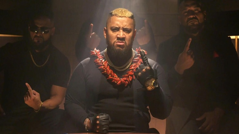 Solo Sikoa during a backstage segment alongside Jacob Fatu, Tama Tonga and Tonga Loa.