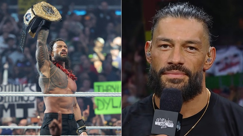 [Left] Roman Reigns wins the WWE World Heavyweight Championship and [Right] Roman Reigns on the WrestleMania Post-Show