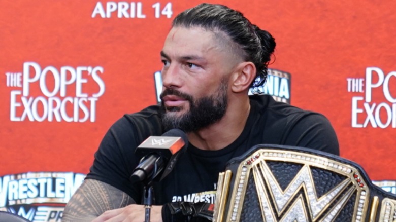 Roman Reigns talking at WrestleMania 39 press conference