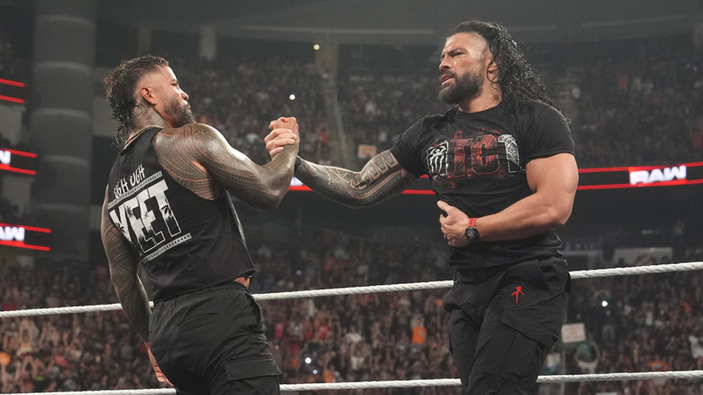 Jey Uso and Roman Reigns reunite during Monday Night RAW at Toyota Center on July 21, 2025 in Houston, Texas.