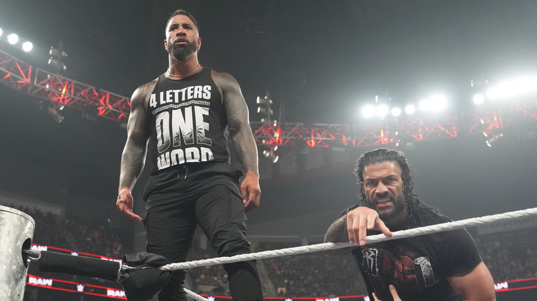Jey Uso and Roman Reigns reunite during Monday Night RAW at Toyota Center on July 21, 2025 in Houston, Texas.