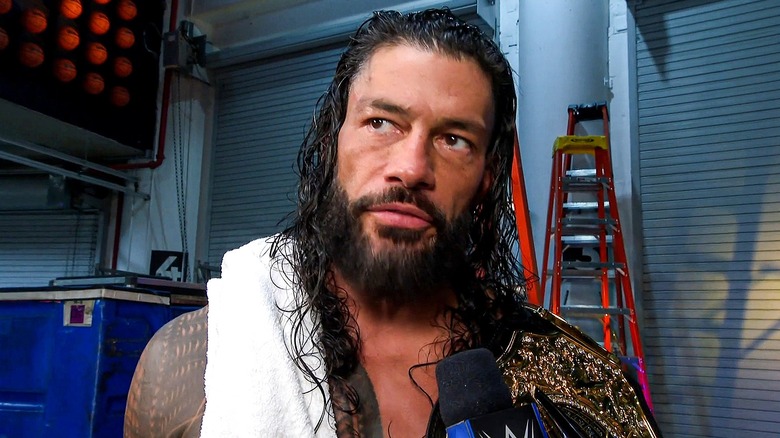 Roman Reigns during a backstage interview following his victory over LA Knight at WWE Money in the Bank 2026