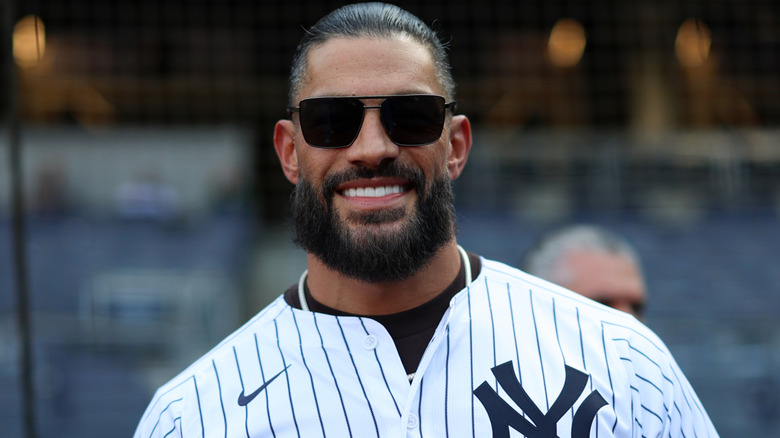 Roman Reigns smiling for a photo before the game between the Los Angeles Dodges and the New York Yankees, July 2026.