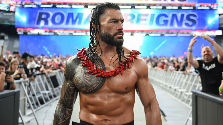 Roman Reigns makes his entrance during SummerSlam at MetLife Stadium on August 2, 2025 in East Rutherford, New Jersey.