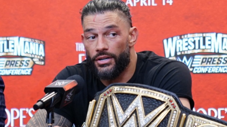 Roman Reigns sitting at post-WrestleMania press conference