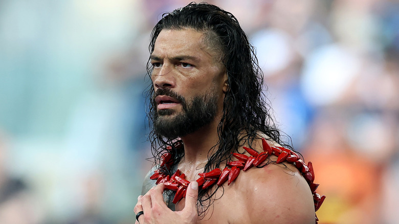 Roman Reigns at WWE SummerSlam wearing his ula fala