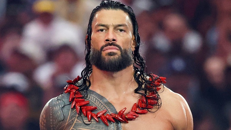Roman Reigns looking on as he's introduced before his match against CM Punk for the World Heavyweight Championship at WrestleMania 42, April 2026.