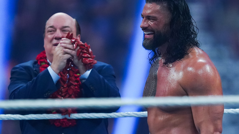 Roman Reigns looks on during the WWE and Universal Championship match during the WWE Royal Rumble event at the Alamodome on January 28, 2023 in San Antonio, Texas.