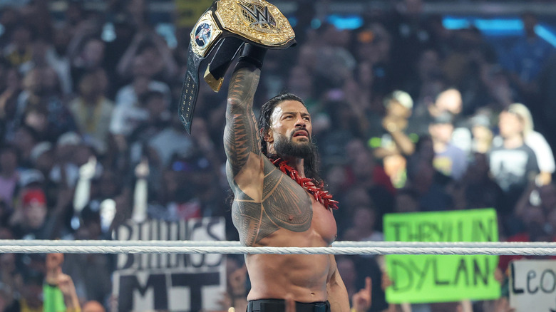 Roman Reigns celebrates after defeating CM Punk during the World Heavyweight Championship match during WrestleMania 42 at Allegiant Stadium on April 19, 2026 in Las Vegas, Nevada.