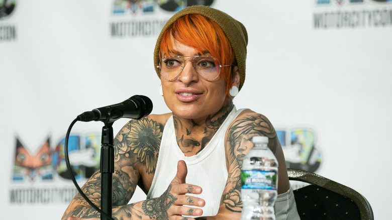 Ruby Soho answering questions at a comic-con