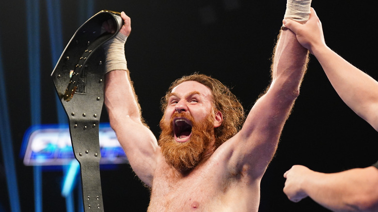 Sami Zayn winning the United States Championship Title during SmackDown at LDLC Arena on August 29, 2025 in Lyon, France.