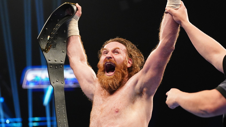 Sami Zayn winning the United States Championship Title during SmackDown at LDLC Arena on August 29, 2025 in Lyon, France.