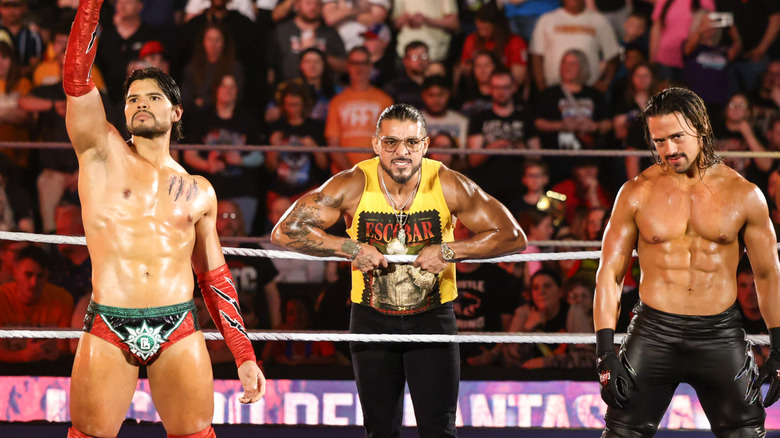 Berto, Santos Escobar, and Angel, of Legado del Fantasma, make their entrance during SmackDown at First Horizon Center on May 30, 2025 in Knoxville, Tennessee.