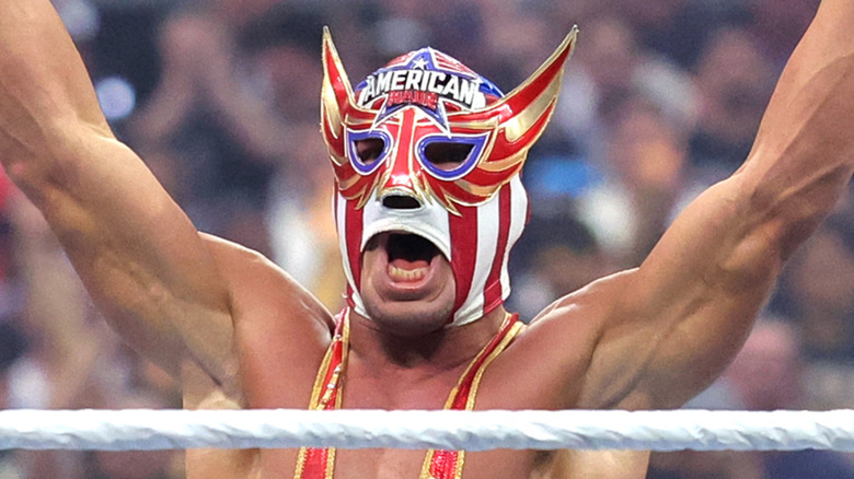 El Grande Americano celebrates his victory over Rey Fenix during WrestleMania 41 at Allegiant Stadium on April 19, 2025 in Las Vegas, Nevada.