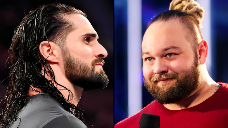 Seth Rollins looking to the right, Bray Wyatt looking to the left