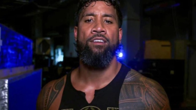 Jey Uso delivers a promo to a backstage camera during the Payback premium live event.