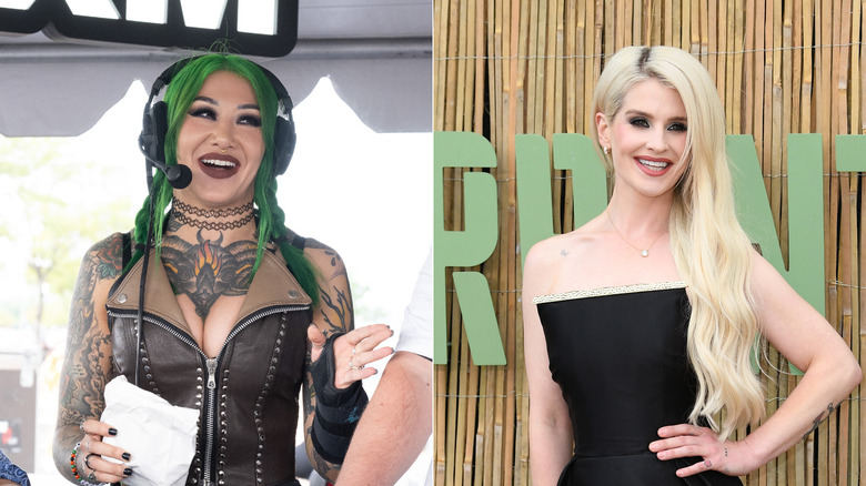 A split image of wrestler Shotzi speaking to Busted Open Radio on the left and Kelly Osbourne attending the Serpentine Gallery Summer Party on the right