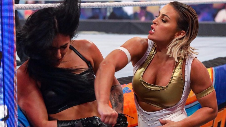 Sonya Deville and Mandy Rose clashing midmatch during their SummerSlam 