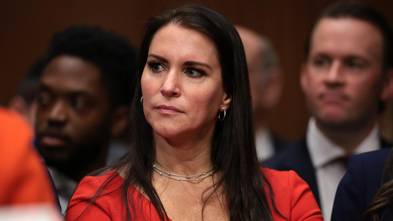 Stephanie McMahon looking concerned at Linda McMahon's confirmation hearing