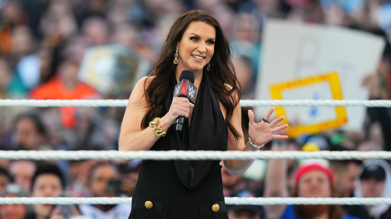 Stephanie McMahon addresses the crowd during Night 1 of WrestleMania 40 at Lincoln Financial Field on April 6, 2024 in Philadelphia, Pennsylvania.