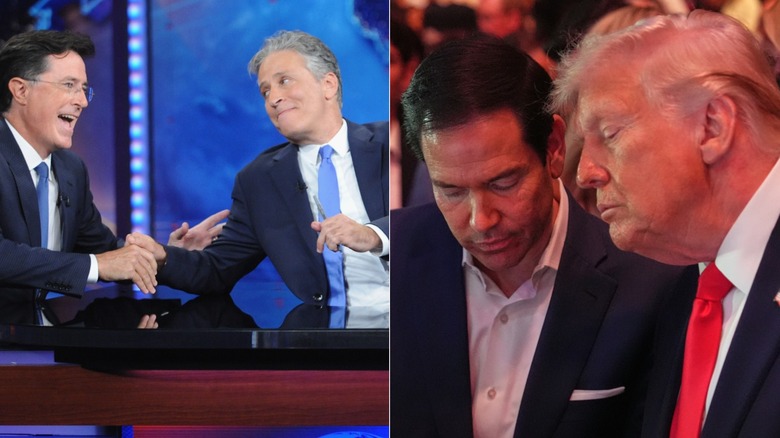 [Left] Stephen Colbert and Jon Stewart [Right] Marco Rubio and Donald Trump